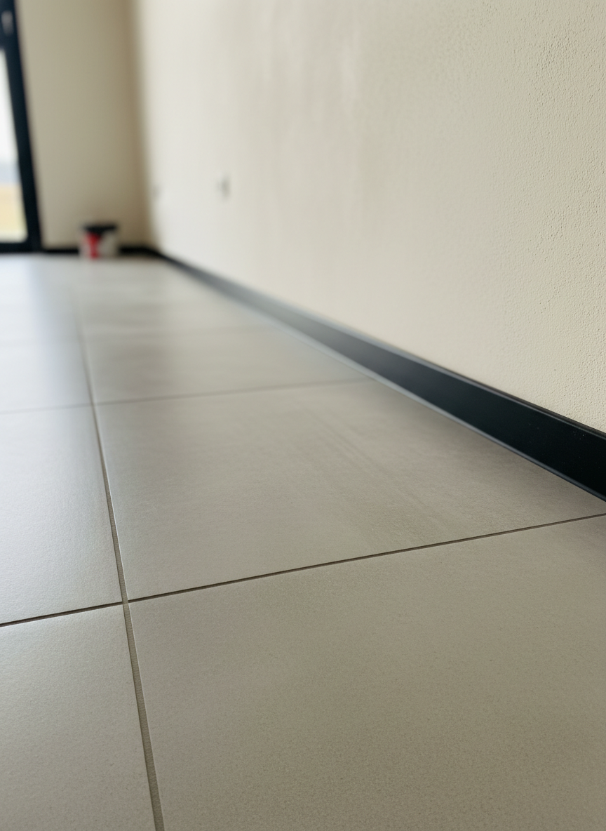 A detailed close-up of a freshly tiled floor being showcased in a Rabat renovation project, emphasizing the precision of large-format light grey porcelain tiles laid with thin, perfectly aligned grout lines. The image focuses on the junction between the tiled floor and a flawlessly smooth stucco wall, finished in off-white. Along the edge, a minimalist matte black metal skirting profile provides a sharp, modern transition. Soft diffused daylight from an unseen window creates gentle highlights on the tile surface, revealing its subtle stone texture. Photographic realism with shallow depth of field, the foreground in razor-sharp focus and the background softly blurred, conveying meticulous attention to detail and professional quality.