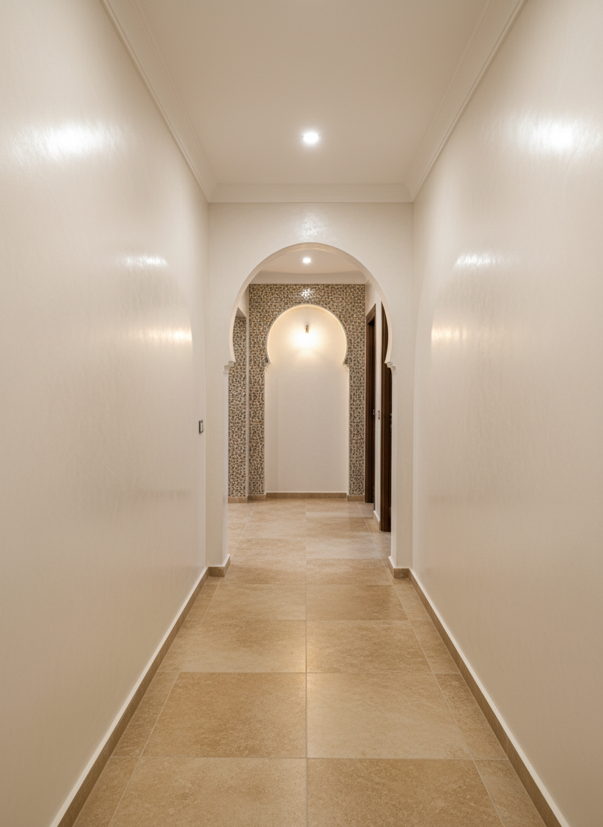 A refined hallway renovation in a Rabat home, displaying pristine, satin-finish off-white walls with expertly applied stucco, leading toward a softly lit arched doorway. The floor features warm, sand-colored ceramic tiles with a subtle stone texture, laid in a straight, balanced pattern that guides the eye. At the far end, the threshold is marked by a narrow strip of intricate, earth-tone Moroccan mosaic tiles, hinting at a more traditional room beyond. Soft, warm ceiling lighting washes down the walls, eliminating harsh shadows and emphasizing smooth surfaces and sharp edges. Photographic realism with a central, leading-lines composition, creating a calm, orderly, and professional impression that highlights quality finishing work.
