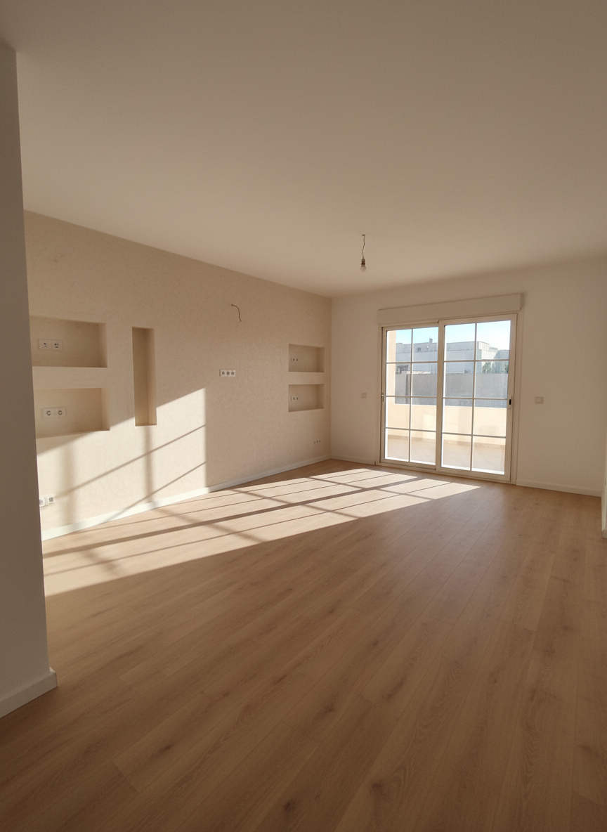 A freshly renovated living-dining space in Rabat, captured wide to show continuity of flooring and finishes. The room features a continuous light oak-look laminate floor running seamlessly from the living area into the dining space, without visible transitions. Walls are finished in smooth, warm white plaster, with one subtle feature wall in pale sand tadelakt adding Moroccan character. Simple, rectangular niches with clean edges are integrated into the wall, ready for shelving. Late morning natural light pours through a large sliding door, creating soft, elongated shadows on the floor. Photographic realism, shot from a slightly elevated corner to showcase depth, with a bright, airy, and professional atmosphere that communicates comfort and craftsmanship.
