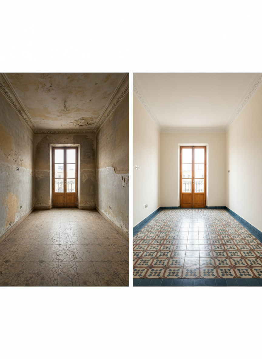 A before-and-after split composition of a Rabat kitchen renovation, presented as two adjoining photographic panels of the same viewpoint without any text. On the left, a dull, cracked tile floor, uneven plaster, and stained, rough walls. On the right, the transformed space with elegant patterned Moroccan floor tiles in muted blues and terracotta, smooth ivory stucco walls, and a perfectly painted ceiling with clean lines where wall meets plaster cornice. Bright, indirect daylight flows in from a balcony door, enhancing the contrast between old and new. The mood is optimistic and aspirational, shot at eye level with balanced framing, emphasizing how professional renovation turns a tired house into a warm, welcoming home.