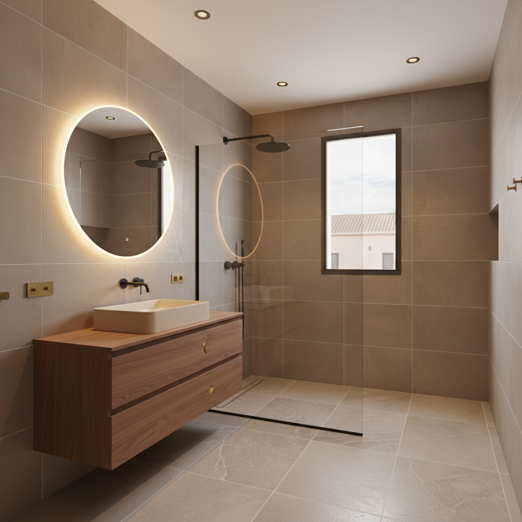 A sleek, modern bathroom in Rabat, Morocco. Features a large walk-in shower with floor-to-ceiling large-format matte porcelain tiles in warm greige tones. A frameless glass shower partition. A floating vanity in warm walnut wood with an integrated rectangular undermount sink and matte black faucets. Backlit LED mirror above the vanity. The floor has large-format stone-look tiles with subtle veining. Recessed ceiling lighting creates a warm, spa-like ambiance. Clean lines, minimalist design, high-end finishes. Slight Moroccan influence through geometric brass accents. Photographic realism, slightly elevated angle, crisp detail, calm and luxurious mood.