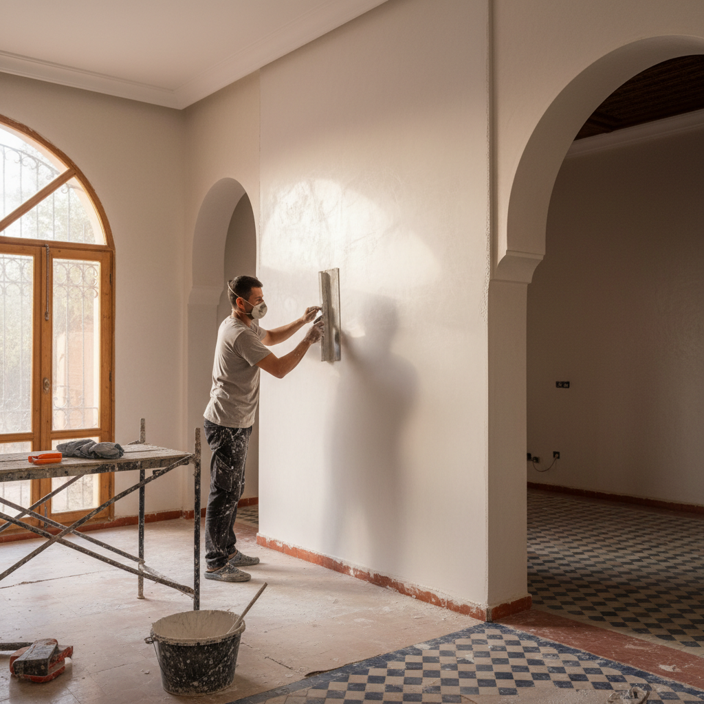 Vakman die stucwerk aanbrengt op een muur in een moderne Marokkaanse woning