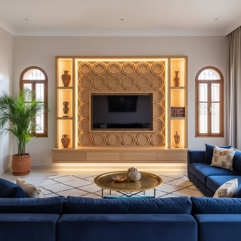 Stijlvolle op maat gemaakte cinewall in een moderne Marokkaanse woonkamer met ingebouwde LED-verlichting