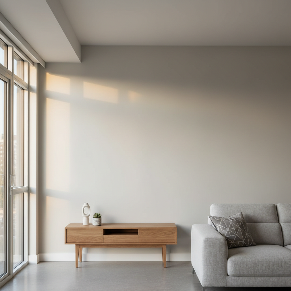 A freshly painted wall in a modern apartment interior, smooth and even paint finish, bright and clean look, professional quality painting work, warm natural lighting, no people in the image