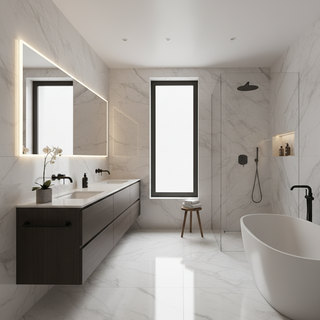 A sleek, modern bathroom with large format white and light grey marble tiles, a floating vanity with matte black fixtures, a walk-in shower with frameless glass partition, LED mirror lighting, and a freestanding bathtub. Clean minimalist design, European luxury style, bright and airy atmosphere.